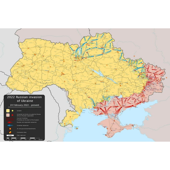 24x36 gallery poster, Map of Invasion of Ukraine, Control by Russian troops 24 February 2022
