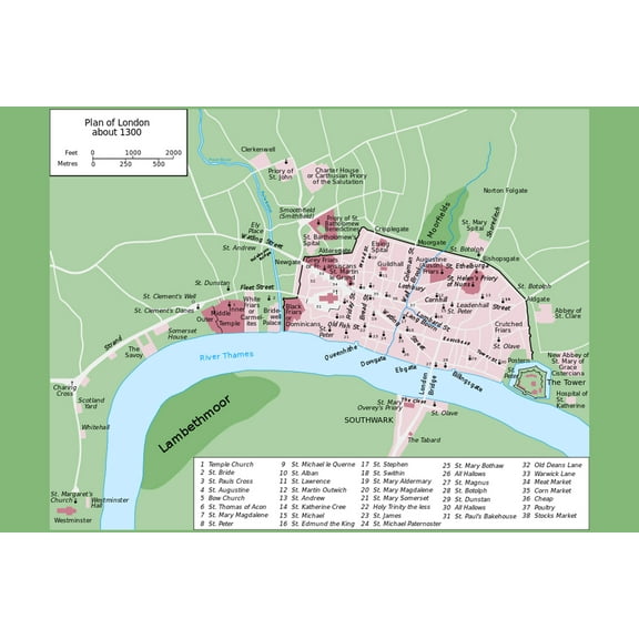 24x36 gallery poster, Map of London In 1300 urban area of the City was still largely confined within the Roman walls