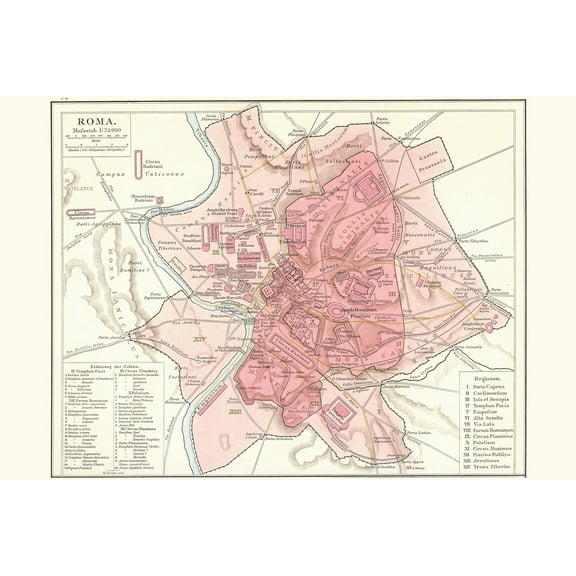 24x36 gallery poster, Map of the 14 administrative regions of ancient Rome pub 1886