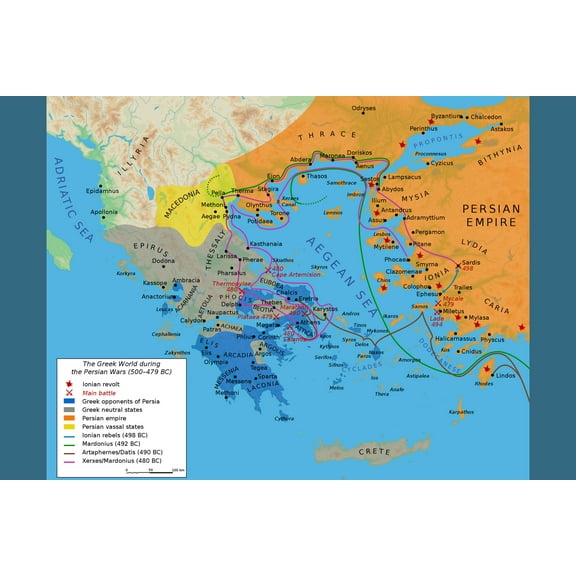 24x36 gallery poster, Map showing events of the first phases of the Greco-Persian Wars, Ancient Greece