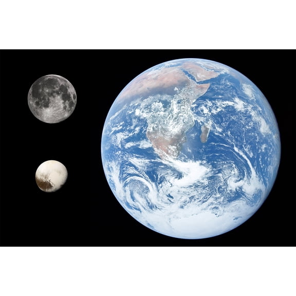 24x36 gallery poster, Pluto compared in size to the Earth and Moon