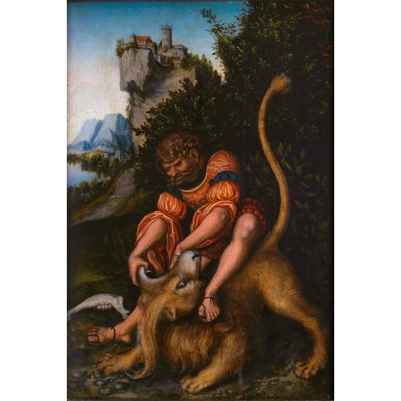 24x36 gallery poster, Samson Fights the Lion, 1525, by Lucas Cranach the Elder