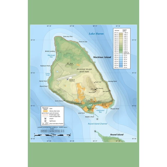 24x36 gallery poster, Topographic map of Mackinac island Mackinaw Island