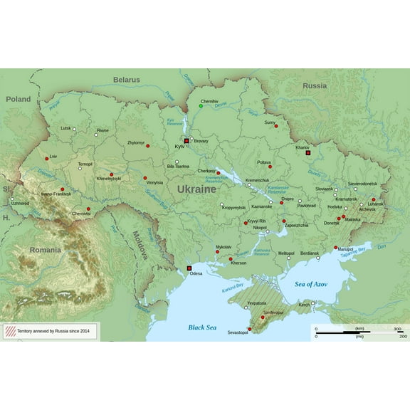 24x36 gallery poster, Topographic map of Ukraine (with borders and towns)