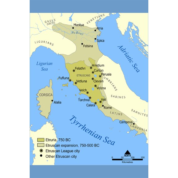 24x36 gallery poster, map of Etruscan civilization in north of Italy, 800 BC.