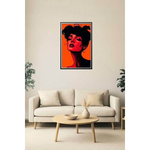24x36in Poster Bold Red Pop Art Female Portrait – Modern Attitude on Orange 【Photo Paper】