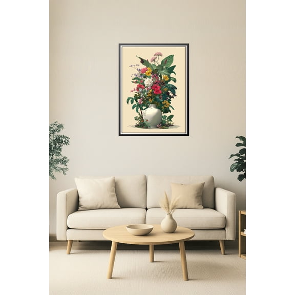 24x36in Poster Botanical Harmony – Lush Flower Bouquet in Ceramic Vase Poster 【Coated Paper】