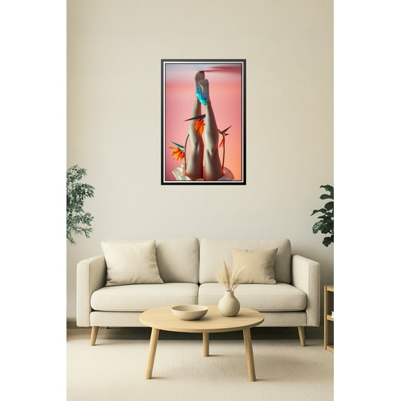 24x36in Poster Floral Heels – Surreal Legs & Bird of Paradise Art Poster 【Rolled Canvas】