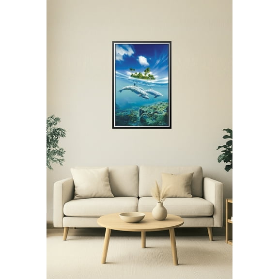 24x36in Poster Tropical Island & Dolphin Pod Poster – Split Ocean View Art 【Photo Paper】