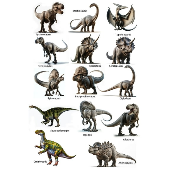 24x36in Realistic Dinosaur Art Poster Types of Dinosaurs Wall Art Tyrannosaurus Diplodocus Brachiosaurus 【Coated Paper】