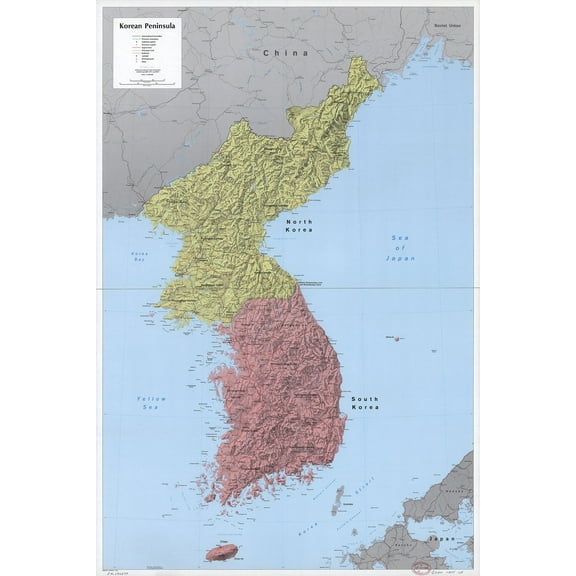 24x36in Topographic Political Map of Korean Peninsula 【Laminated】