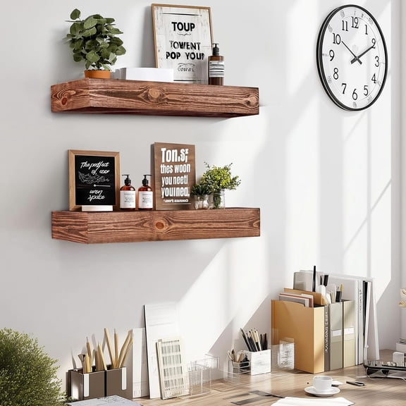 24x3x7 inch Floating Shelves Wall Mounted - Set of 2 Brown Rustic Solid Wood Wall Shelf - Heavy Duty Decorative Fireplace Mantel for Living Room, Bedroom, Bathroom, Kitchen