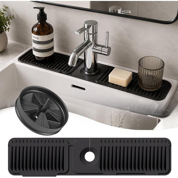 24x5.5 Inch Silicone Faucet Mat for Kitchen Sink  Kitchen Sink Faucet Mat & Sink Splash Guard with FREE Rubber Drain Insert, Kitchen Faucet Mat, Faucet Guard Draining Mat & Sink Water Splash Guard