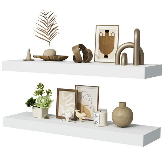 Jouetondream 24X6 White Floating Shelves for Wall, Wood Hanging Shelves up to 20lbs for Bedroom, Bathroom, Kitchen(Set of 2)