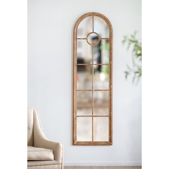 24x79" Half-Round Elongated Mirror with Decorative Window Look Classic Architecture Style Solid Fir Wood Interior Decor