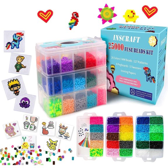 25,000 pcs Fuse Beads Kit 26 Colors 5MM, Including 127 Patterns, 4 Big Square, 1 Heart Pegboards, 1 Flower Ironing Paper, Tweezers, Beads Compatible by INSCRAFT