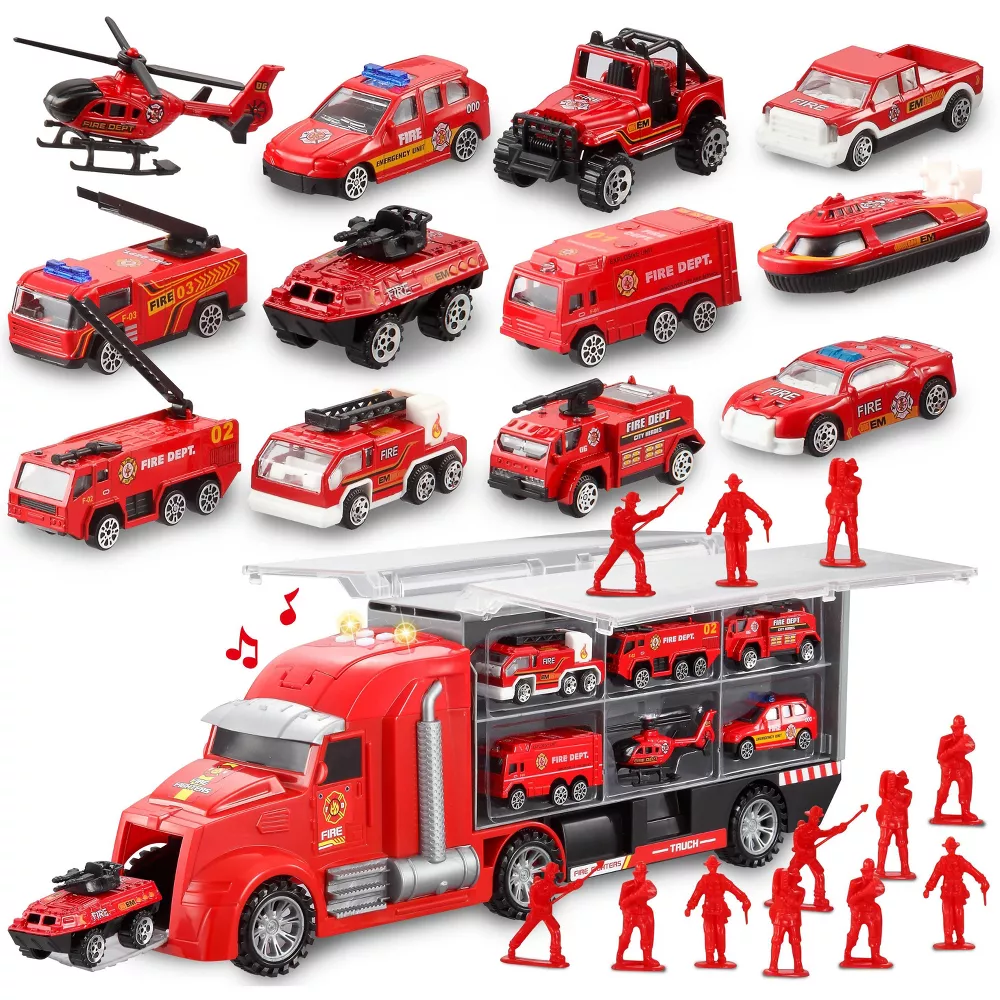 Joyfy 25 in 1 Die-cast Fire Truck Big Toys, Car Transporter Storage Truck with Sounds and Lights, Christmas and Birthday Gifts for Toddlers Kids Boys & Girls