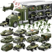 SYNCFUN 25 in 1 Die-cast Military Army Play Vehicle Set, Vehicles with Sounds and Lights in Carrier Truck, Push and Go Car Toy, Kids Birthday Gifts for 3 4 5 6 Years Old Boys