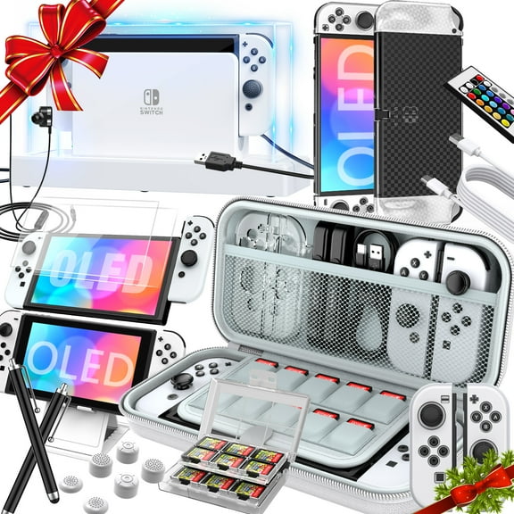 25 in 1 HSTOP Nintendo Switch OLED  Case Accessories Kit Bundle,2023 Gift Kit with LED Display Cover, Carrying Case, Dockable Protective Case etc, Cool OLED Accessories (white)