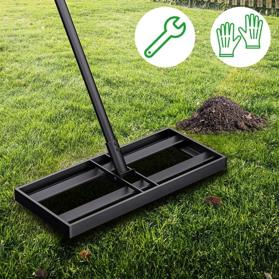 25.1 Inch Lawn Leveling Rake with Pull Assist Handle - 10" Wide Heavy Duty Iron Leveling Tool, Matte Black Finish for Effortless Turf Leveling