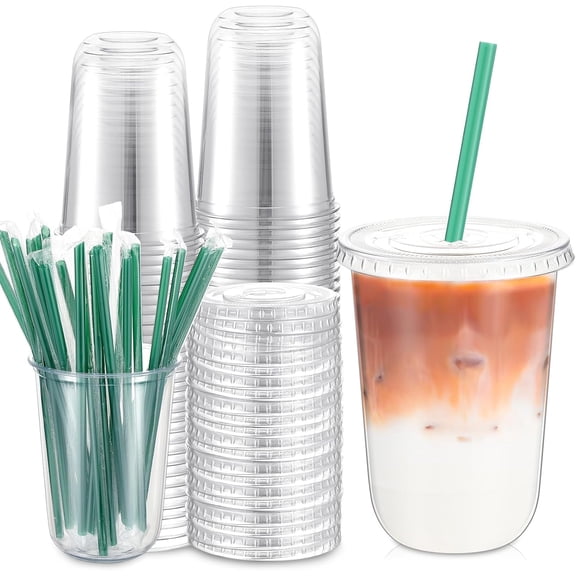25  16 oz Clear  Cups with  and Straws Disposable Iced Coffee Cups Round Bottom To carry Cup for Coffee Smoothie Cold Drinks Juice Milkshake  ()