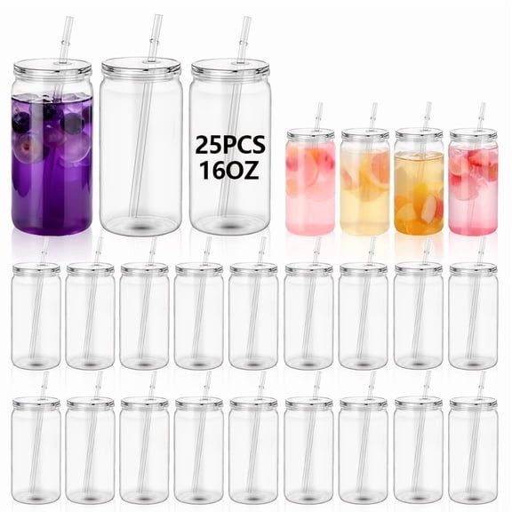 25 16 oz Single Layer Sports Cup, Christmas Plastic Juice Bottle with Sealed Lid and Straw, Clear Mason Bottle, Large Capacity Beverage Bottle (for Smoothies), Juice Shake Drink Cup, Bottle and Str