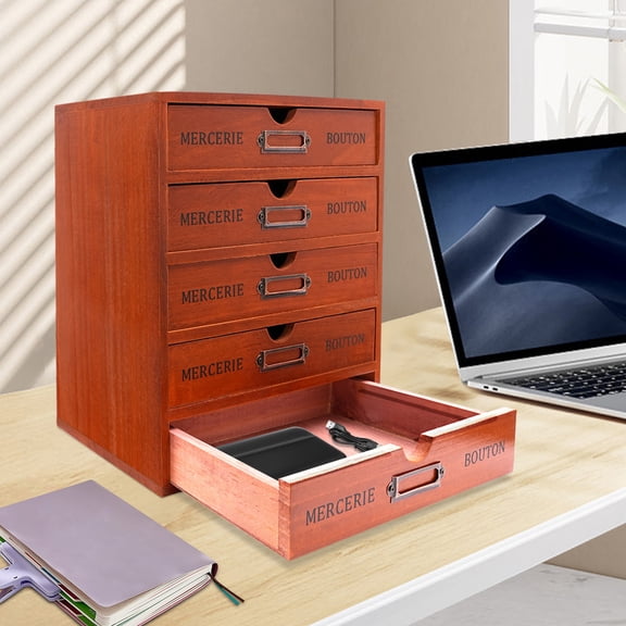 25×17.5×31cm Wooden Desk Organizer, 5‑Drawer Pine Wood Retro Brown Desktop Storage Box, No Assembly Freestanding Wooden Stationery Holder for Home Office Study Bedroom Cosmetics File Supplies