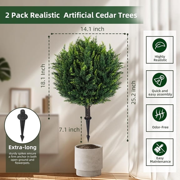 25.2" Artificial Cedar Topiary Outdoor  with Ground Spikes, 2 Pack  Resistant Evergreen Fake Plant, Realistic Artificial Cedar Ball Greenery, Fake Bushes for Front Porch Dcor