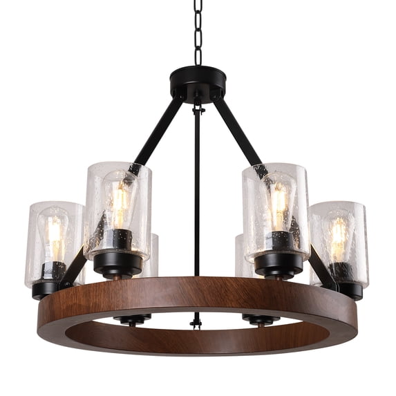 25.2-Inch Modern Farmhouse Chandelier for Dining Room, Black Rustic 6-Light Fixture with Clear Glass Shades, Vintage Industrial Ceiling Light for Kitchen or Living Room