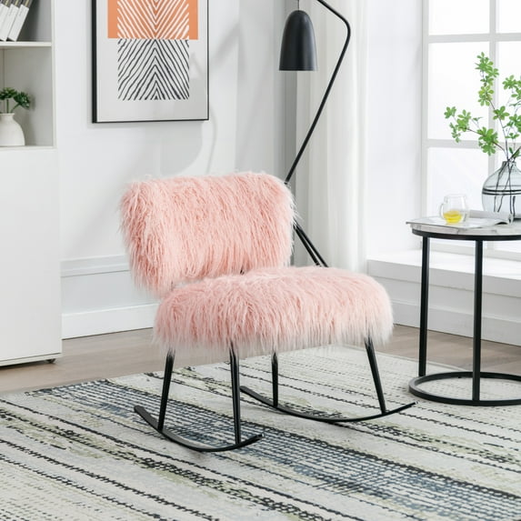 25.2'' Modern Faux Fur Plush Rocker Chair, Single Leisure Rocker Chair with Black Metal Rocker, Fluffy Upholstered Glider Chair for Living Room, Bedroom, Guest Room