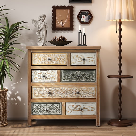 25.2" Vintage Tall Storage Cabinet, Rustic Multicolor Carved Wood Cabinet with 7 Drawers, Farmhouse Accent Furniture for Living Room, Dining Room, Hallway