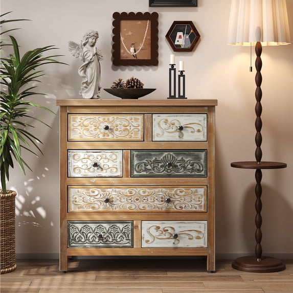 25.2" Vintage Tall Storage Cabinet, Rustic Multicolor Carved Wood Cabinet with 7 Drawers, Farmhouse Accent Furniture for Living Room, Dining Room, Hallway