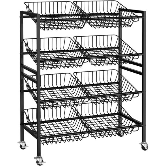 25.2''W Kitchen Storage Cart, Rolling Snack Cart, 4 Tier Fruit Basket Vegetable Stand, Metal Pantry Storage Organizer with 8 Removable Baskets for Onion Potato, Black
