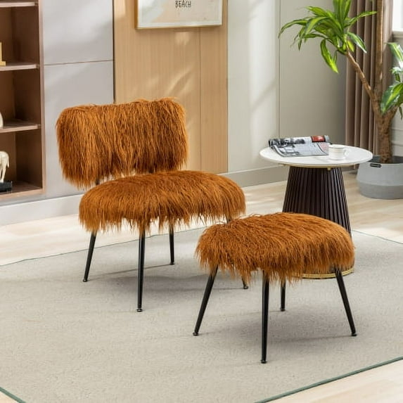 25.2'' Wide Faux Fur Plush Accent Chair With Ottoman, Living Room - Caramel