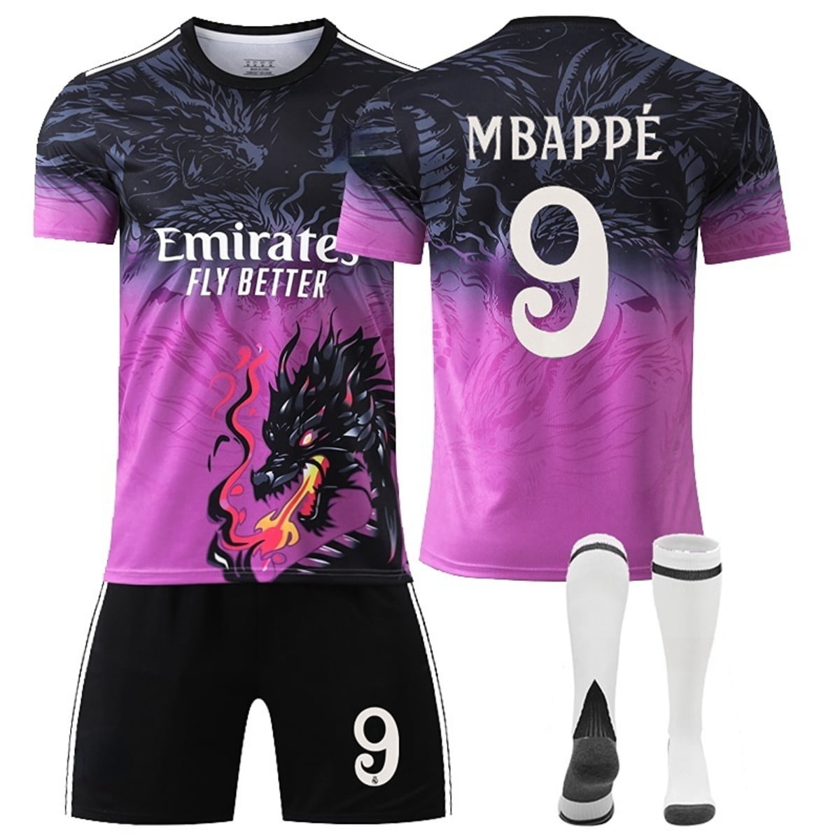 25/26 Purple Black Dragon Pattern Soccer Activewear Printing #9 Mbappe ...