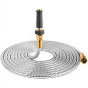 25' 304 Stainless Steel Garden Hose, Lightweight Metal Hose with Free Nozzle, Guaranteed Flexible and Kink Free