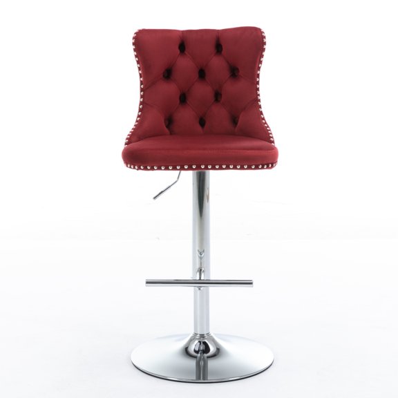 2533 Inch AdjustableHeight Swivel Velvet Bar Stool with Tufted Buttons and Copper NailHead Decoration, AmericanStyle ChromeBase Counter Stool, Burgundy Color with Customization Available