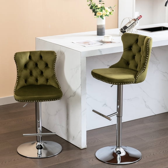 25 - 33 Inch Adjustable , Velvet Covered, 360° Swivel, Back, Olive For Kitchen Island Home And Pub With Seat, Backs Comfortable , Olive, Of 2