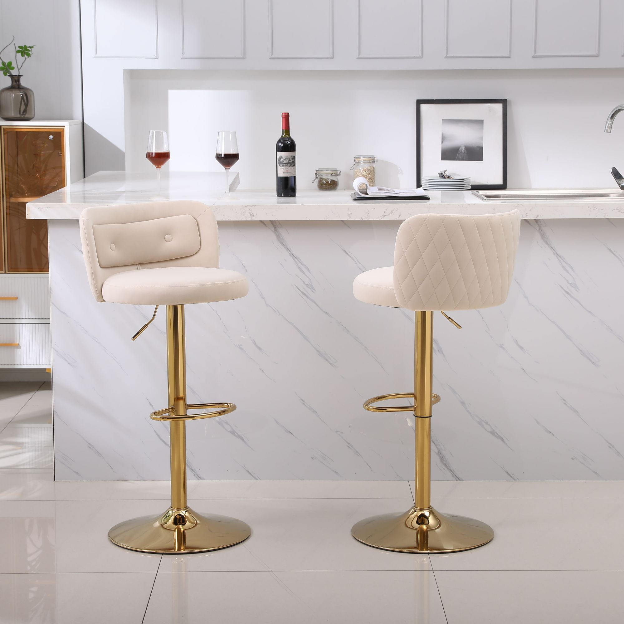 25 34 Inch Modern Bar Stools Counter Height Adjustable Swivel Barstools High Bar Chairs with Button Tufted Back Golden Metal Base Stools Chair