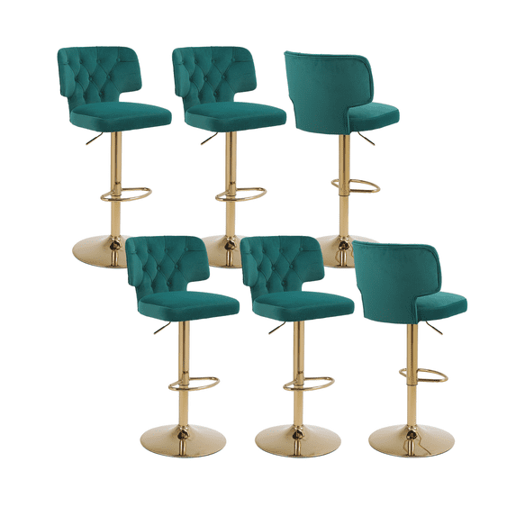 25-34 Inch Velvet Bar Stools, Counter Height Adjustable Swivel Barstools High Bar Chairs with Button Tufted Back & Golden Metal Base, Stools Chair with Footrest for Island, Pub(Emerald,Set of 6)