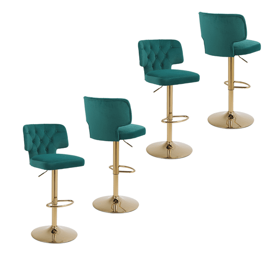 25-34 Inch Velvet Bar Stools, Counter Height Adjustable Swivel Barstools High Bar Chairs with Button Tufted Back & Golden Metal Base, Stools Chair with Footrest for Island, Pub(Emerald,Set of 4)