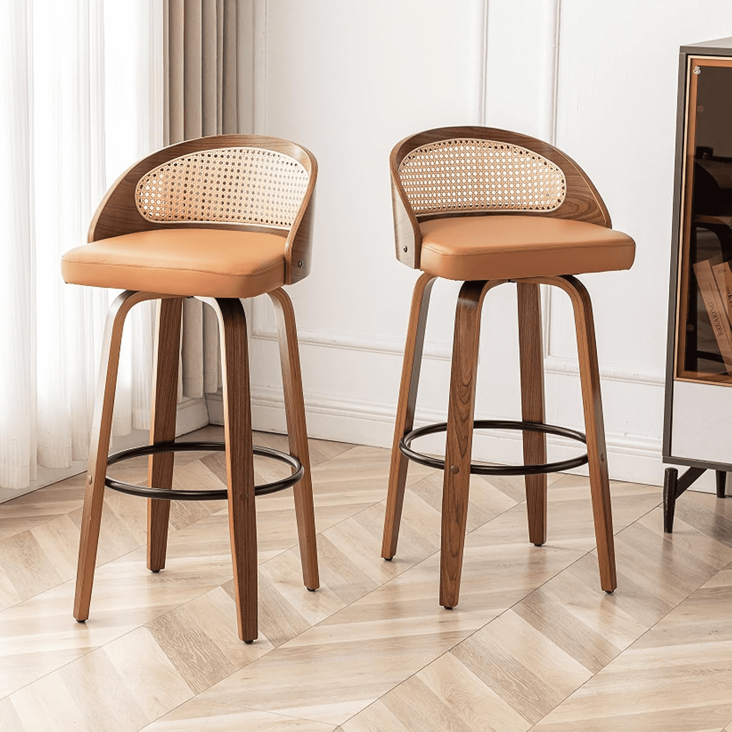 25" Swivel Rattan Bar Stools Mid-Century Modern Orange Faux Leather ...