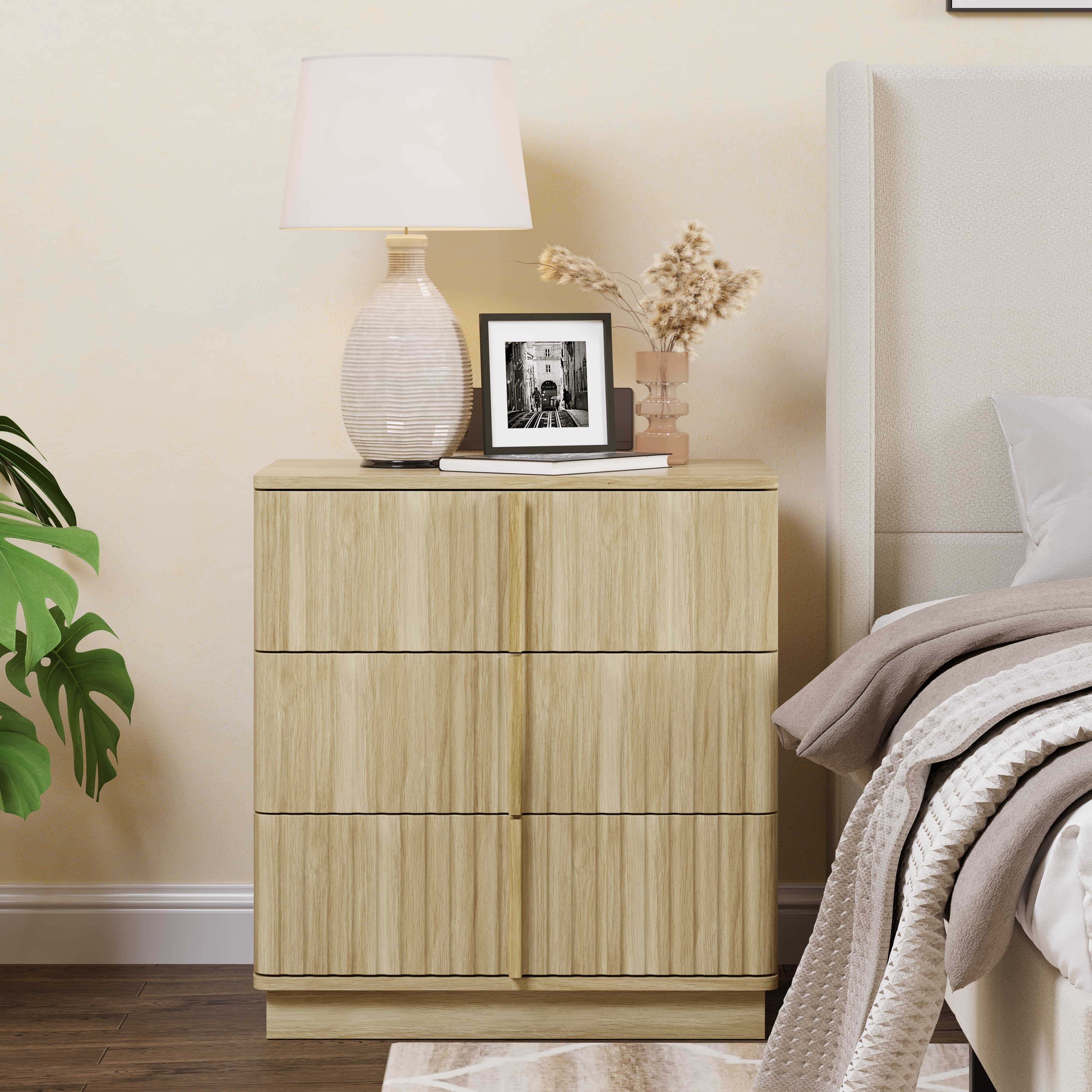 25.39" Natural Vertical Stripe Vintage 3-Drawer MDF Nightstand, Retro Storage Cabinet Multipurpose End Side Table for Bedroom Living Room Home Office, Desktop 88 LBS Drawer 33 LBS Capacity