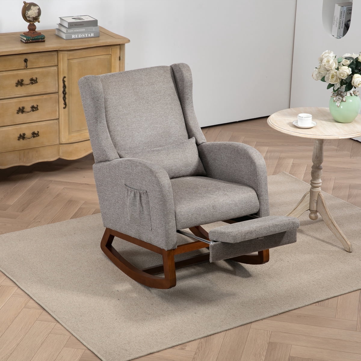 25.4"W Modern Rocking Chair for Nursery, Mid Century Accent Arm Rocker With Retractable Footrest, Side Pocket, Comfy Upholstered Wingback Wooden Glider Chair for Living Room Baby Kids Room. Taupe