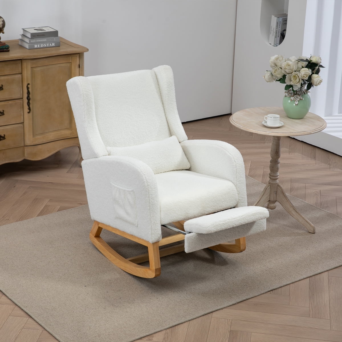 25.4"W Modern Rocking Chair for Nursery, Mid Century Accent Arm Rocker With Retractable Footrest, Side Pocket, Comfy Upholstered Wingback Wooden Glider Chair for Living Room Baby Kids Room. Ivory
