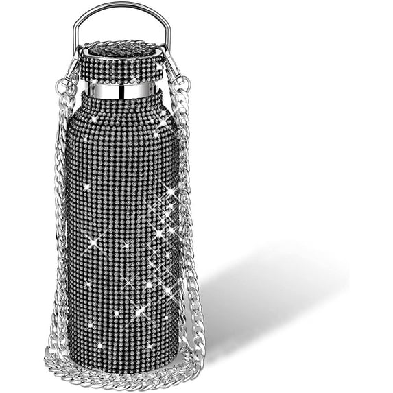 25.4 oz Diamond Water Bottle, Bling Rhinestone Stainless Steel Thermal Bottle, Refillable Insulated Glitter Water Jug with Chain for Women, Girls Gifts(Black)