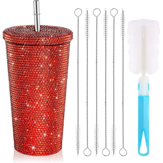 25.4 oz Studded Bling Diamond Tumbler Glitter Water Bottle with Lid, Stainless Steel Vacuum Thermal Straw Rhinestone Tumbler with 1Pcs Cup Brush & 6Pcs Straw Brushes for Women(Red)