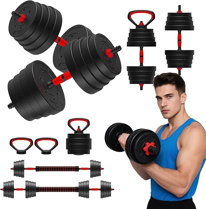 25/45/75/90-lb 4-in-1 Adjustable Dumbbell Set, Converts to Barbell, Kettlebell & Push-Up Stand with Connector, Interchangeable Weight Plates & Storage Tray for Home Gym