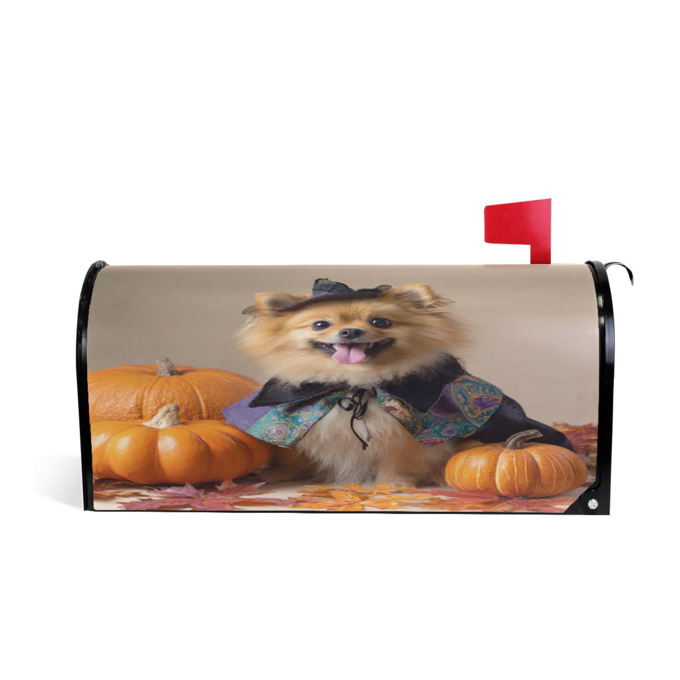 25.4x20.78" Magnetic PVC Mailbox Cover Letter Box Cover Mailbox Wraps Post for Holiday Garden Yard Decor Cute Pomeranian Dog and Pumpkins
