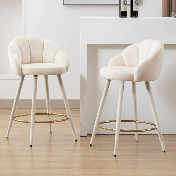 25.5'' Counter Height Barstools Set of 2 Modern Velvet Upholstered Bar Stools with Petal Back & Golden Footrest for Kitchen Island/Breakfast Bar/Restaurant, Cream
